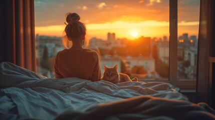 young girl in the living room of her apartment sitting in front of the window looking at the landscape with cat lying comfortably near her, the atmosphere of the sunset in a cozy home environment - Powered by Adobe