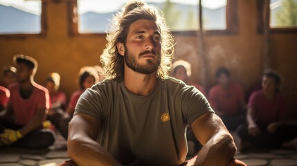 Group participating in breathing exercises led by instructor for wellness course