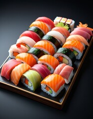 A meticulously arranged platter of assorted sushi pieces, featuring salmon, tuna, and vegetable rolls, presented on a dark background. The sushi pieces are vibrant and fresh, showcasing Japanese