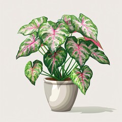 PNG illustration of a lush caladium plant with heart-shaped green and pink leaves in a modern pot on a white background