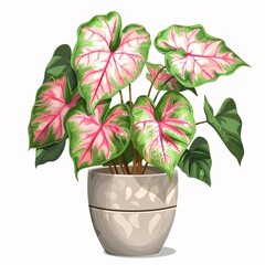 PNG illustration of a lush caladium plant with heart-shaped green and pink leaves in a modern pot on a white background