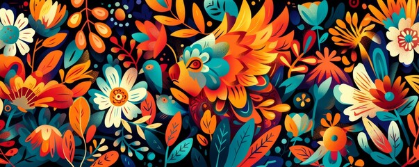 Vibrant floral pattern with abstract birds