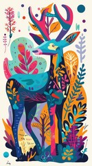Colorful abstract deer surrounded by nature