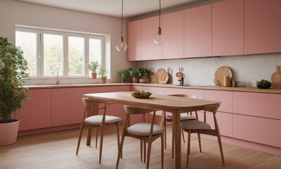 Pink kitchen cabinets and wooden shelf Scandinavian modern interior design of kitchen with island, dining table and chairs