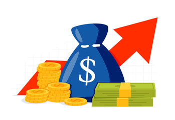 Money profit growth up. Money bag, gold coins and bills. Investment income, market growth