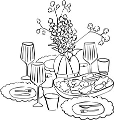 Mesa de cena dibujada a mano. Ilustración para invitación, papelería o branding. Icono de cena para invitación de fiesta