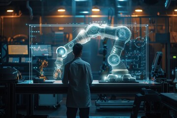 Fototapeta premium Futuristic Robot Design, Engineer viewing a holographic robotic arm blueprint, Advanced Technology