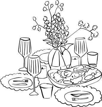 Mesa de cena dibujada a mano. Ilustraci&oacute;n para invitaci&oacute;n, papeler&iacute;a o branding. Icono de cena para invitaci&oacute;n de fiesta