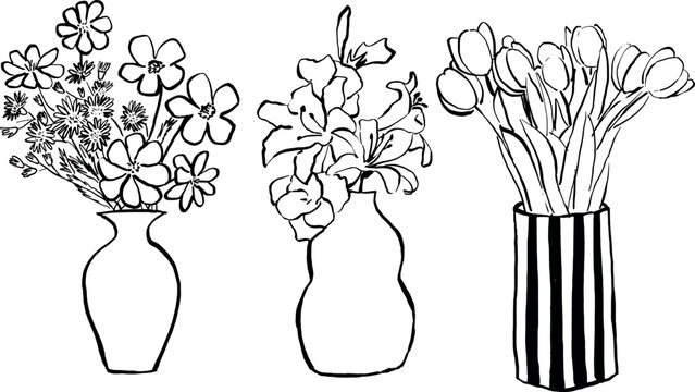 Paquete de 3 floreros dibujados a mano. Arte en l&iacute;neas de flores. Clip art arreglo de flores en jarr&oacute;n. Ilustraci&oacute;n minimalista.