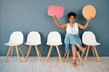 Woman, waiting room with speech bubble and wall background, portrait and chairs for appointment....