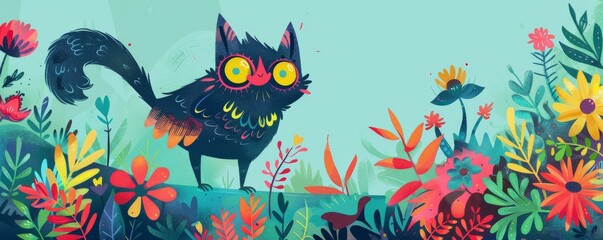 Whimsical cat in colorful garden illustration