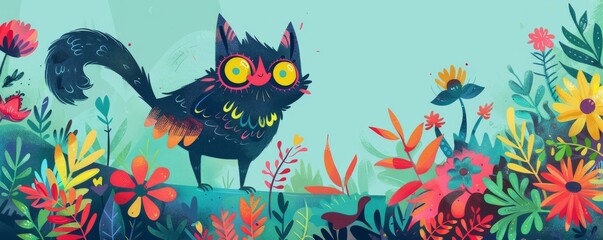 Fototapeta premium Whimsical cat in colorful garden illustration