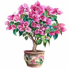 PNG illustration of a flowering bougainvillea plant with pink blooms and green leaves in a decorative pot on a white background