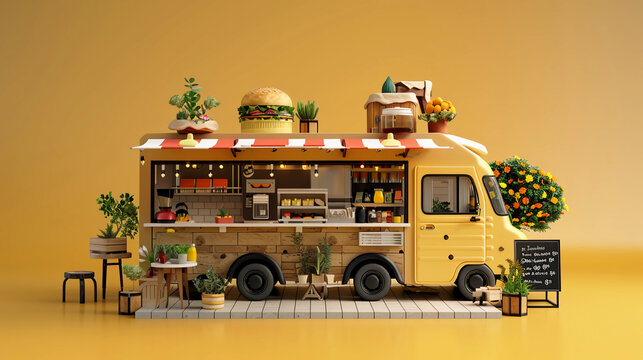 3D render of a cute food truck