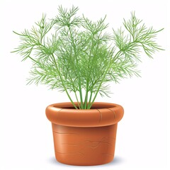 Fototapeta premium PNG illustration of a fragrant dill plant with feathery green leaves in a rustic clay pot on a white background