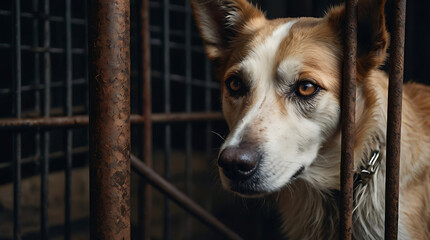 Portrait of a stray homeless dog in an animal shelter cage with a sad abandoned hungry face locked behind old rusty grid of the cage with copy space
