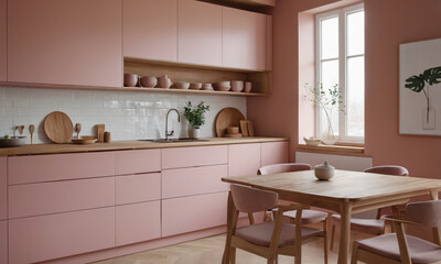 Pink kitchen cabinets and wooden shelf Scandinavian modern interior design of kitchen with island, dining table and chairs