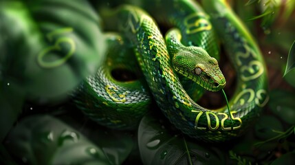 Big text "2025" and green snake on the background, festive atmosphere, saturated colors