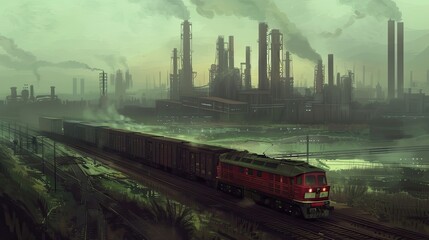Obraz premium A freight train moving along tracks in an industrial zone, with factories and warehouses in the background 