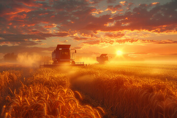 Fototapeta premium A serene image of farmers harvesting crops in a field, with a backdrop of a rural landscape and a setting sun, 3D render