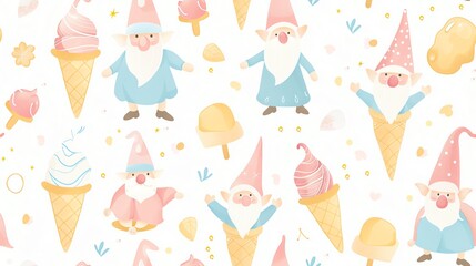 Fototapeta premium Pastel colors seamless pattern with gnomes surrounded by ice cream scoops and cones, for a gentle and inviting style