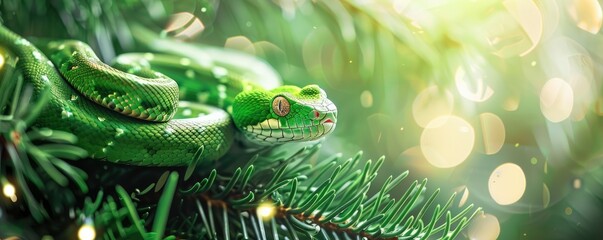 Fototapeta premium Fantastic green snake, new year celebration banner, bright festive background, greeting card with free space for text