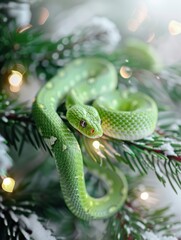 Fototapeta premium Green beautiful snake, new year celebration banner, light festive background, greeting card with free space for text