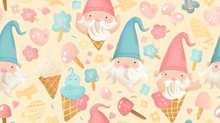 Fototapeta premium Seamless pattern of gnomes with ice cream accessories, like cones and scoops, in hand-drawn pastel colors for a delightful design