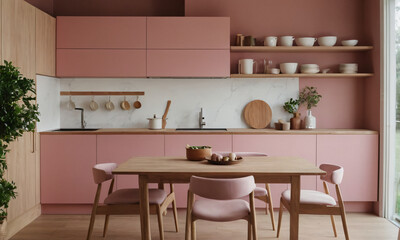Pink kitchen cabinets and wooden shelf Scandinavian modern interior design of kitchen with island, dining table and chairs
