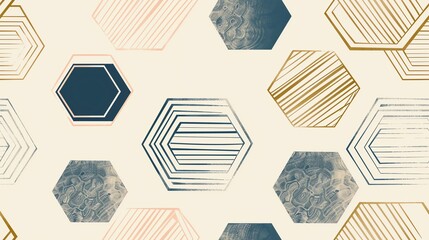 Seamless pattern of minimalistic hexagons and lines, creating a sophisticated geometric design in a modern style