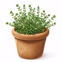 PNG illustration of a fragrant thyme plant with small green leaves in a rustic clay pot on a white background