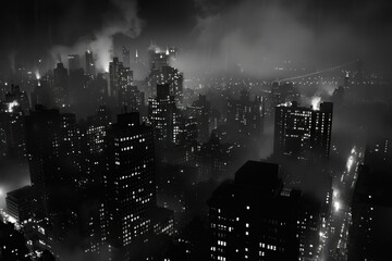 Black and white cityscape enveloped in fog, showcasing urban night lights