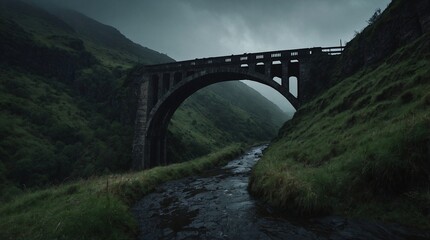 Fototapeta premium An Old Grim Bridge Over a Haunting Abyss in a Desolate Valley