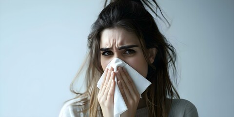Woman feeling unwell blowing nose in tissue due to seasonal allergies or flu symptoms appears sad and uncomfortable. Concept Healthcare, Seasonal Allergies, Flu, Sickness, Uncomfortable