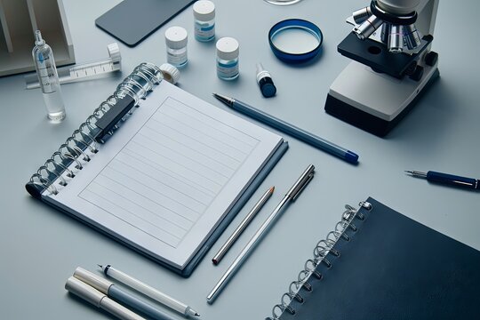 Fotograf a detallada en formato 3:2 de art culos m dicos dispuestos sobre una mesa blanca, capturando un conjunto de elementos que incluyen un fonendoscopio, cuaderno, l pices y un otoscopio, ideal