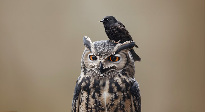 An owl with a bird perched on its head. An ironic image of a vigilant owl with its prey standing on its head. Metaphor for Failure. False confidence. Missing the obvious. Isolated, neutral colors