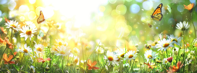 Beautiful spring meadow with daisies and butterflies in the sunlight, in the style of banner, blurred background.