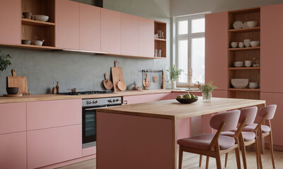 Pink kitchen cabinets and wooden shelf Scandinavian modern interior design of kitchen with island, dining table and chairs