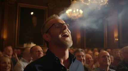 Instructor guides group in breathing exercise with diverse participants in a wellness course