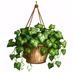 PNG illustration of a lush ivy plant with trailing green leaves in a hanging basket on a white background