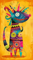 Vibrant artwork of a whimsical, patterned cat with a playful design on a yellow background