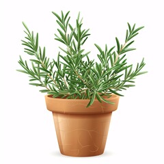 PNG illustration of a fragrant rosemary plant with needle-like leaves in a terracotta pot on a white background
