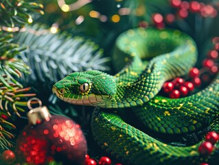 Fototapeta premium Green snake, new year celebration banner, christmas decoration, bright festive background, greeting card with free space for text