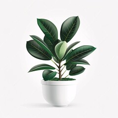 PNG illustration of a broad-leafed rubber plant with dark green leaves in a white planter on a white background