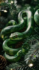 Obraz premium Green snake, new year celebration banner, festive background, greeting card with free space for text