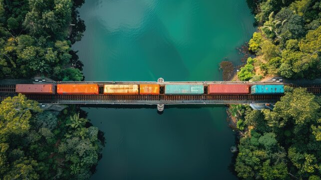 Aerial view of a freight train crossing a bridge over a river, with containers arranged neatly
