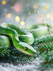 Fototapeta premium Green snake, new year celebration banner, light festive background, greeting card with free space for text
