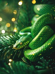 Fototapeta premium Green snake, new year celebration banner, light festive background, greeting card with free space for text