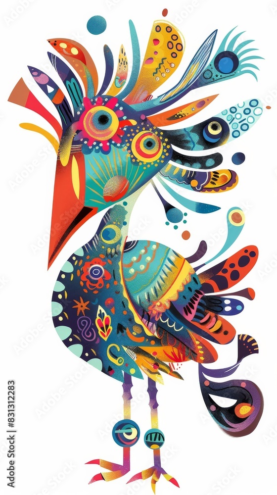 Poster colorful digital art of a rooster with intricate patterns and whimsical design elements