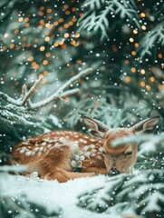 Obraz premium Green toned Christmas & New Year banner with beautiful decorations, baby deer under Christmas tree in forest, blank space for text, magical atmosphere